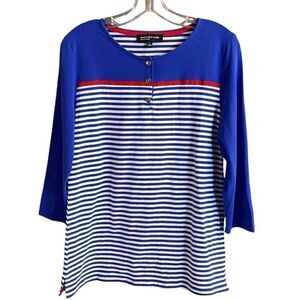 JONES NEW YORK Ladies Nautical Stripes Pullover Top Size Large Blue White Red